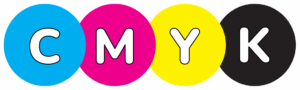 Image of four circles made with the colours Cyan, Magenta, Yellow and Black and with the corresponding letter on each circle