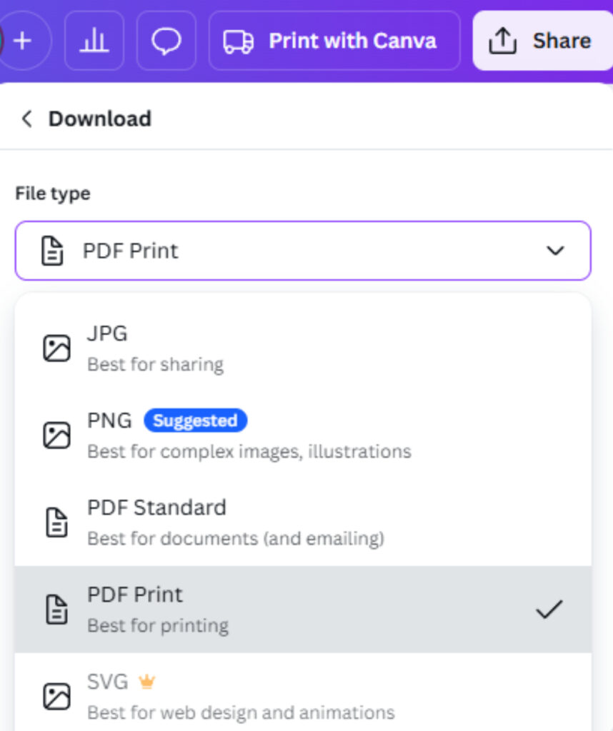 Image of the file type selection setting when you donwload your file from Canva