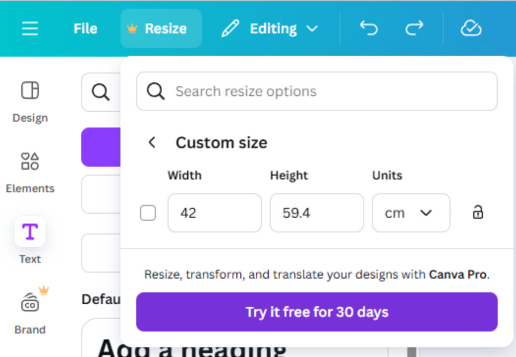 Image showing how to change the size of a Canva design