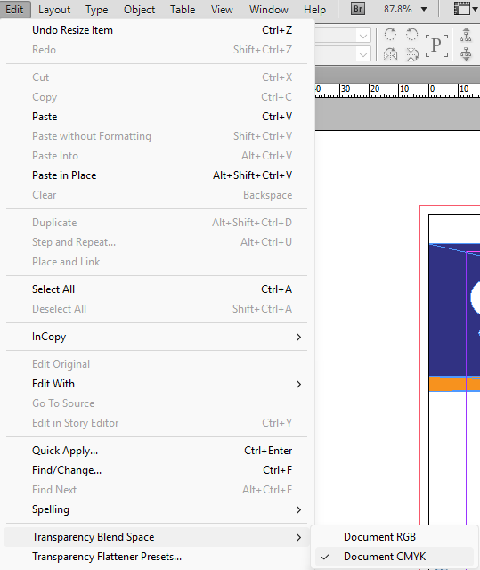 Image showing how to set the colour mode in Indesign by changing the Transparency Blend Space to Document CMYK